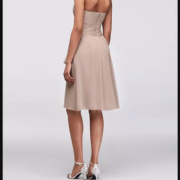 David's Bridal Short Crinkle Chiffon Dress Front Cascade Navy Strapless Mini - Picture 13 of 13